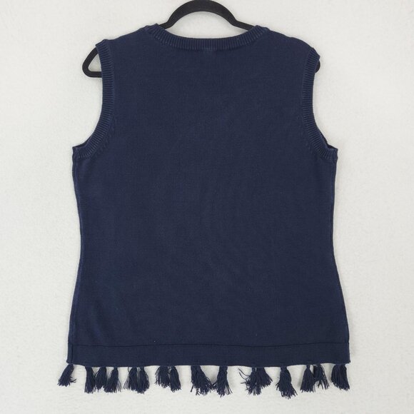 Talbots Sweater Womens Large Navy Blue 100% Cotton Fringe Hem Sleeveless Knit - Picture 9 of 10